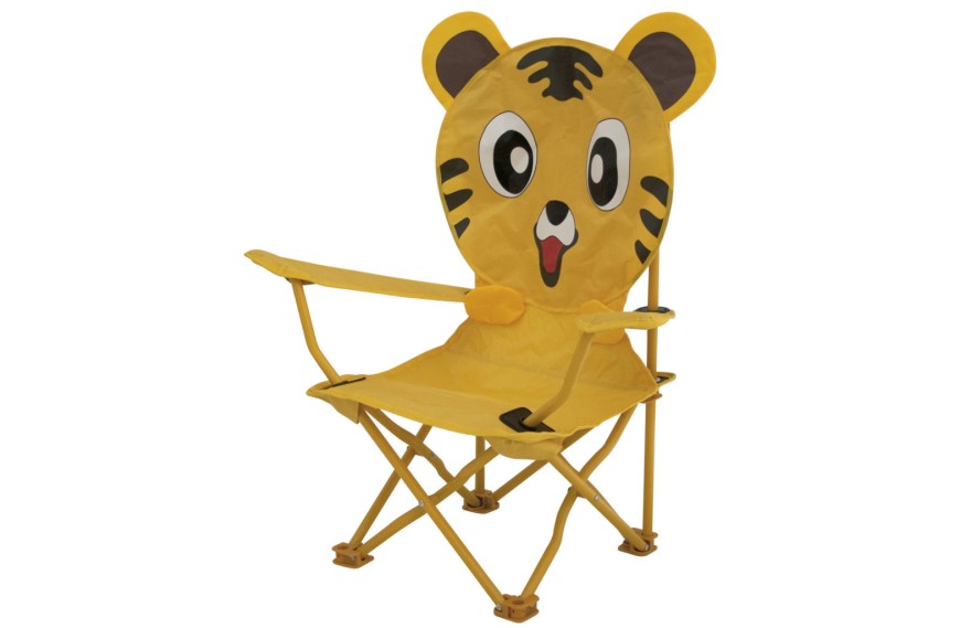 Chaise pliante enfant Eurotrail motif tigre, structure acier et housse polyester avec pochette de transport.
