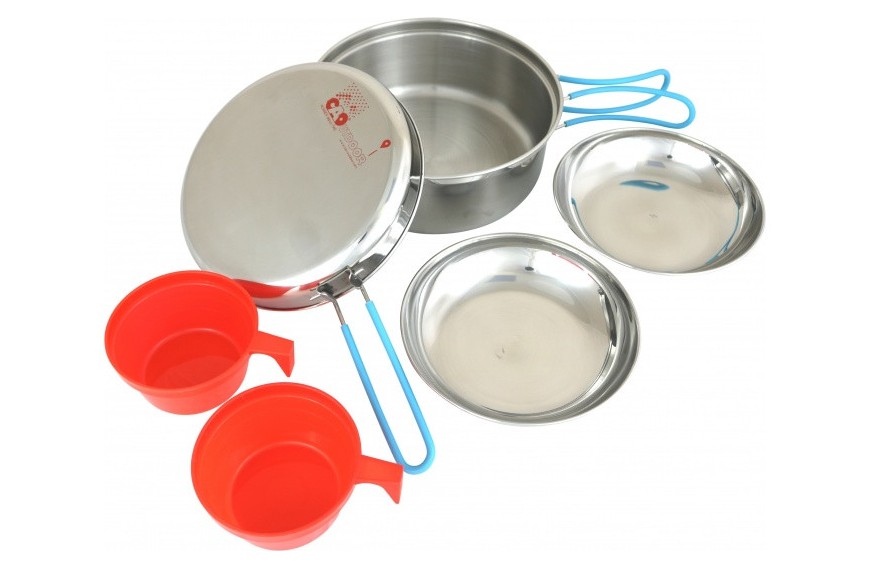 Popote inox 2 personnes 1,5L CAO avec faitout, poêle et vaisselle pour camping et randonnée