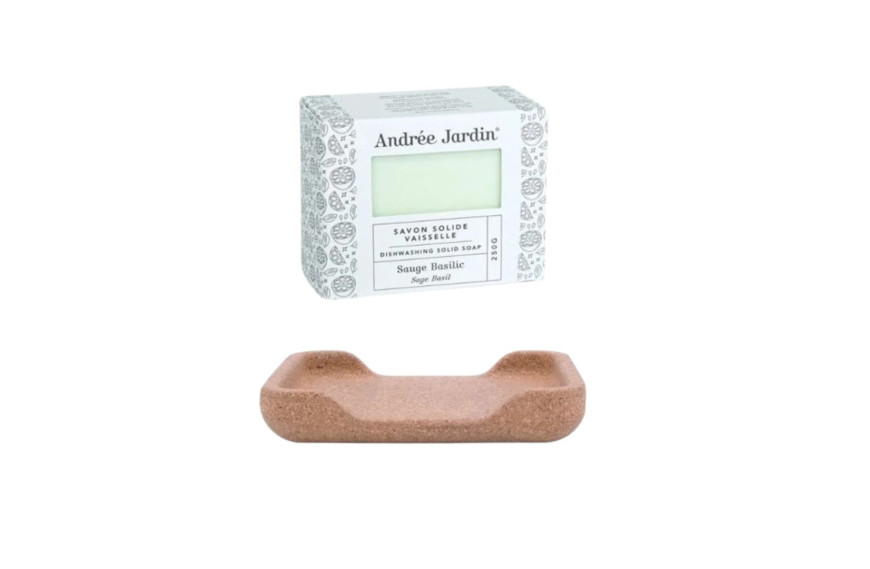 savon solide vaisselle Andrée Jardin Sauge Basilic avec porte-savon en liège écologique